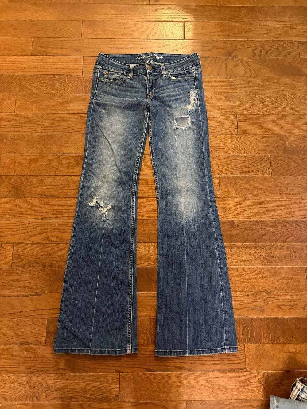 American Eagle AE Hipster Distressed Flare Jeans Size 22 Long Blue Denim